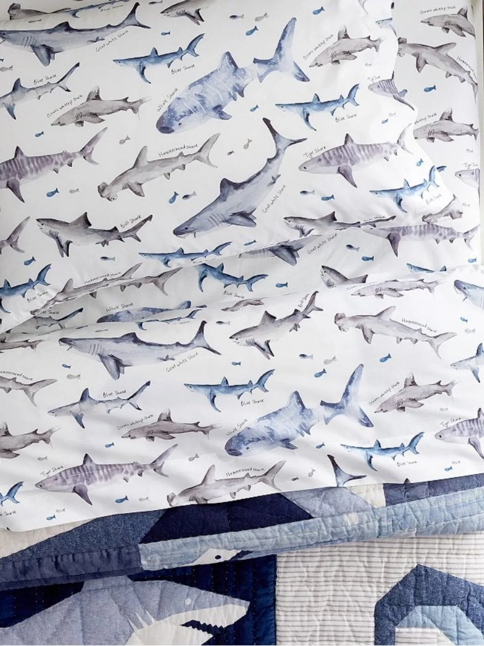 Pottery Barn Kids Heritage Shark Organic Sheet Set Full Size NWOT